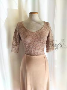 Dress Loretta in beige and gold fabric and lace