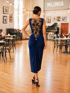 Abito Mercedes bluette in jersey e pizzo ricamato