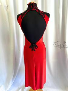 Abito Michi in jersey rosso con applicazioni in pizzo nero