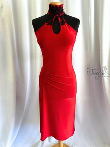 Abito Michi in jersey rosso con applicazioni in pizzo nero