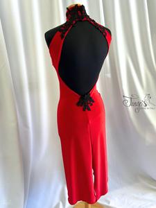 Abito Michi in jersey rosso con applicazioni in pizzo nero