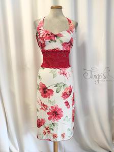 Dress Rosaria with simple pencil skirt, white with red roses