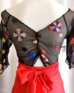 Completo top Annalisa tulle ricamato e gonna Orfea rosso