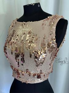 Completo top Romi paillettes oro rosato e gonna Orfea Cipria